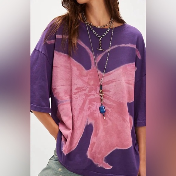 NWT Ragabond Free People OS Swan Gossip Painted Tee in Purple/Pink Combo New $88 - Picture 3 of 5